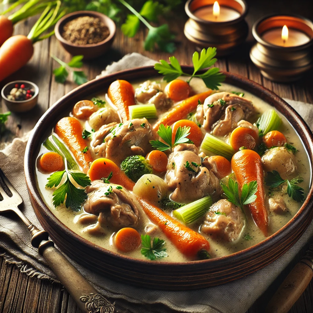 Tender rabbit in a creamy white wine sauce with vegetables