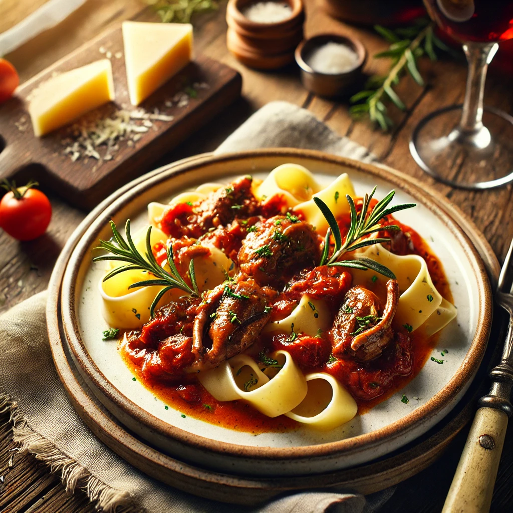 Rich and hearty rabbit ragu served with pasta