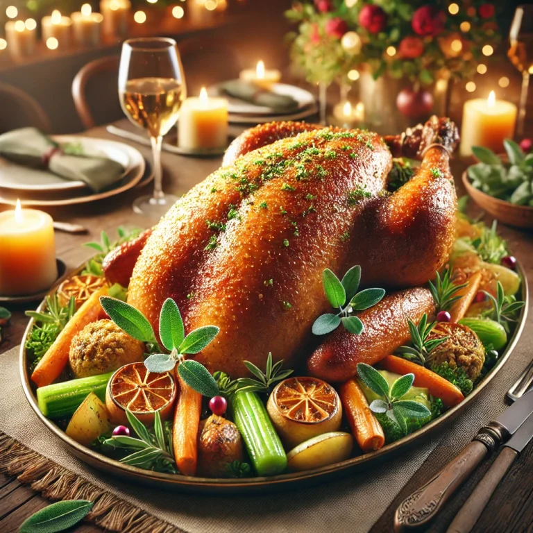 Roast goose with sage stuffing and roasted vegetables