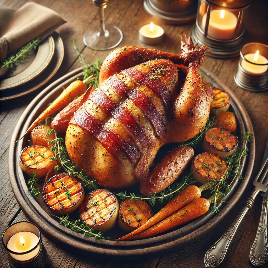 Tender roast pheasant wrapped in pancetta with root vegetables