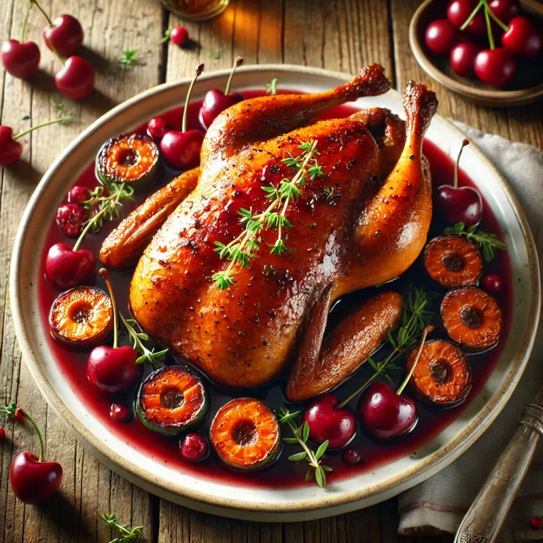 Roast wild duck with cherry glaze served on a platter with fresh herbs.