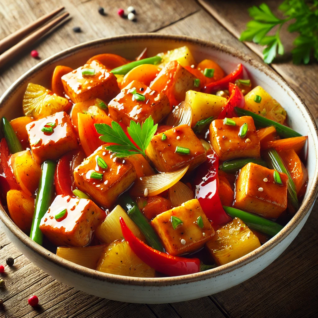 Vegán főétel ropogós tofuval és zöldségekkel édes-savanyú szószban