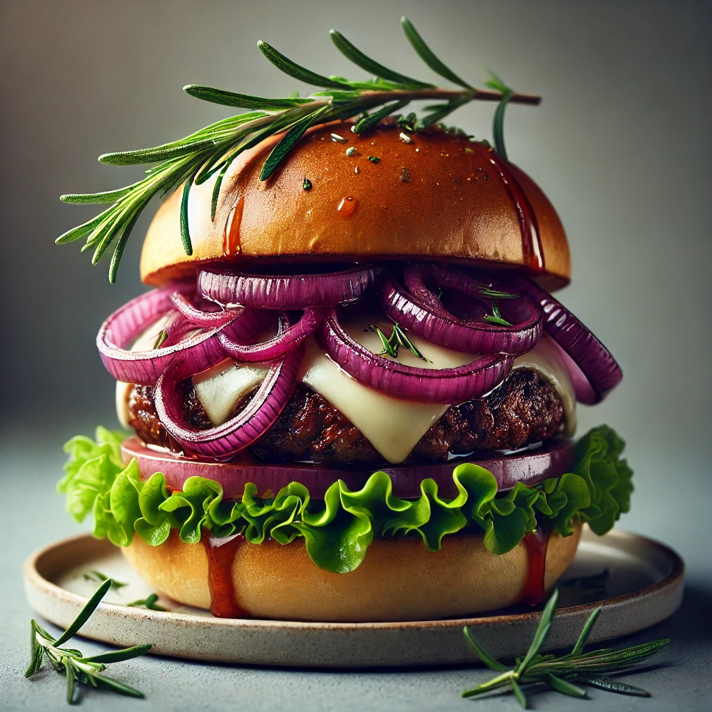 Különleges burger rozmaringos húspogácsával és karamellizált lilahagymával