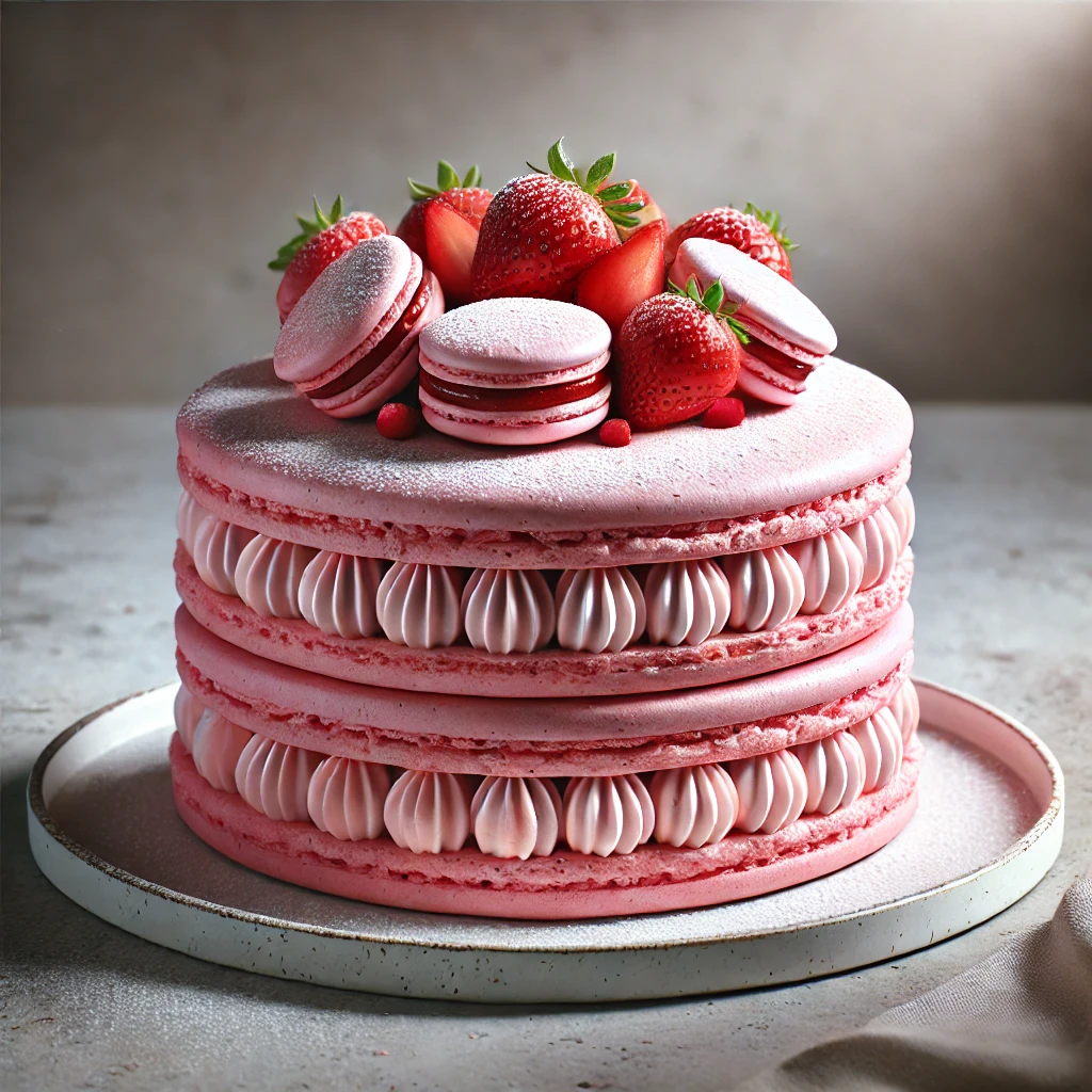 Gyönyörű rózsaszín macaron torta különleges alkalmakra
