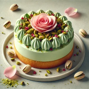 Különleges rózsavizes pisztácia torta pirított pisztáciával díszítve