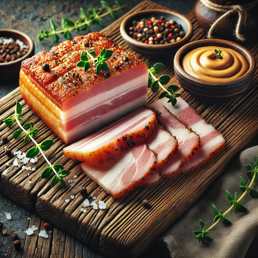 Traditional salt-cured pork belly, ready to serve