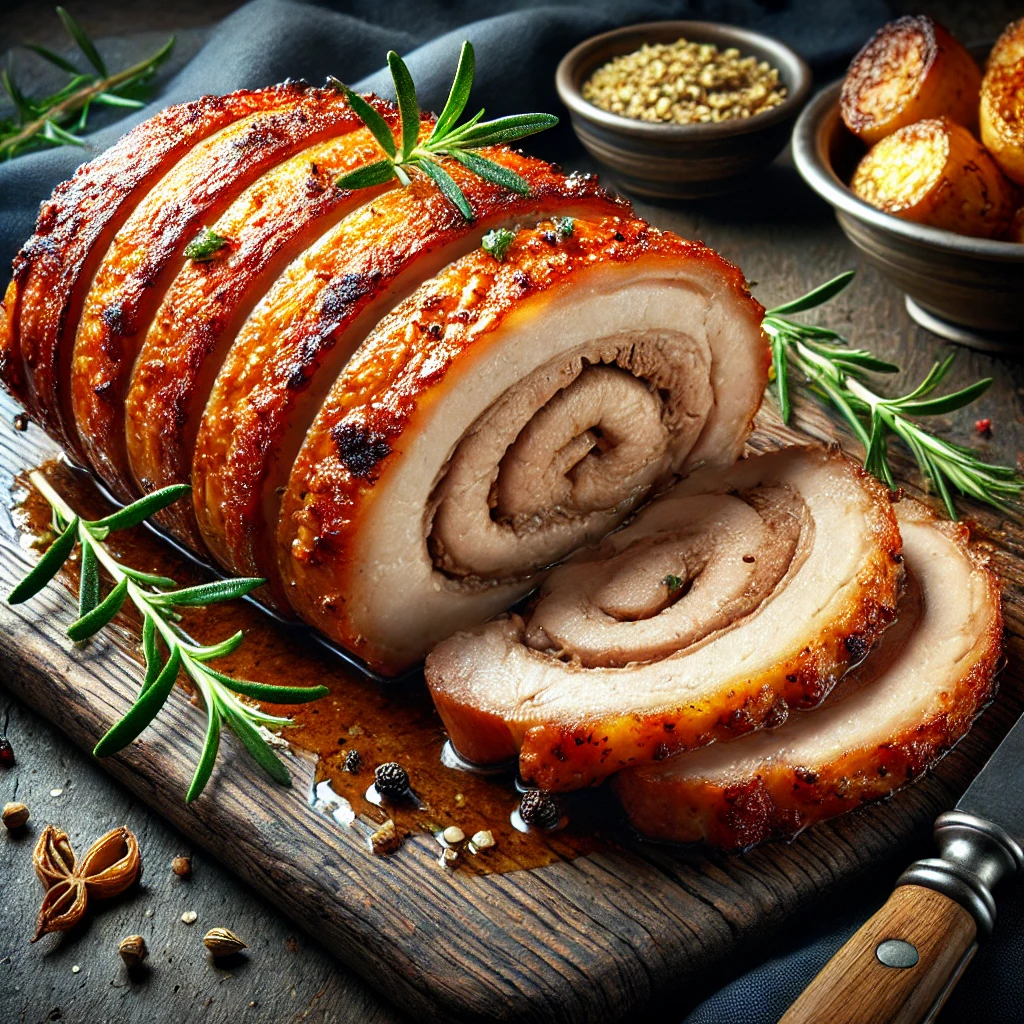 Hagyományos olasz porchetta édeskömény és fűszerek ízével