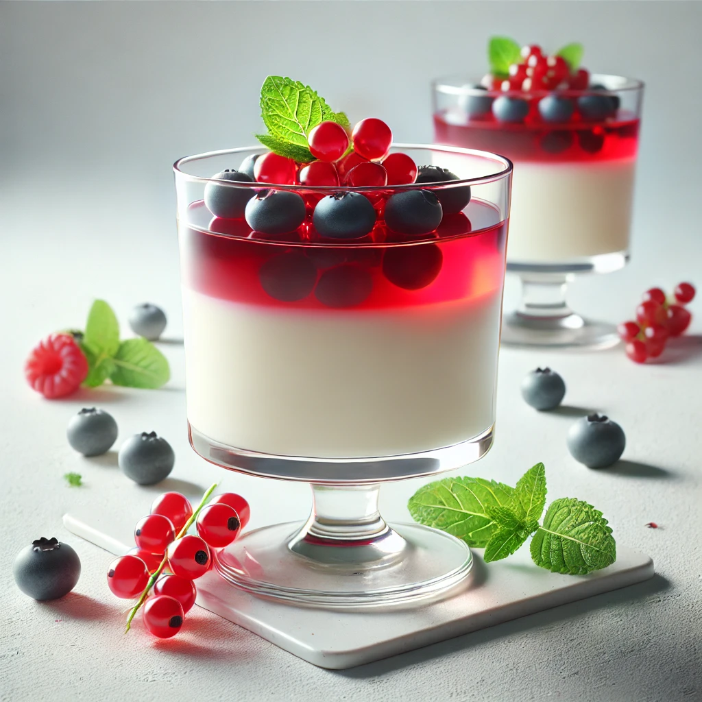 Krémes panna cotta savanykás gyümölcszselével és friss gyümölcsökkel díszítve