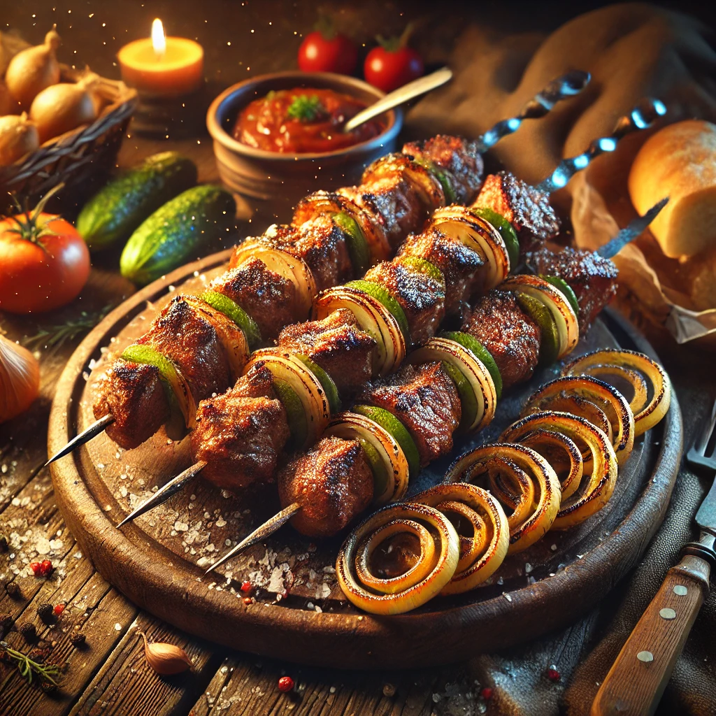 Autentikus Shashlik nyársak bárányhússal és hagymával