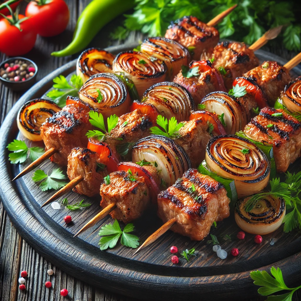 Autentikus orosz húsos nyársak grillezett zöldségekkel