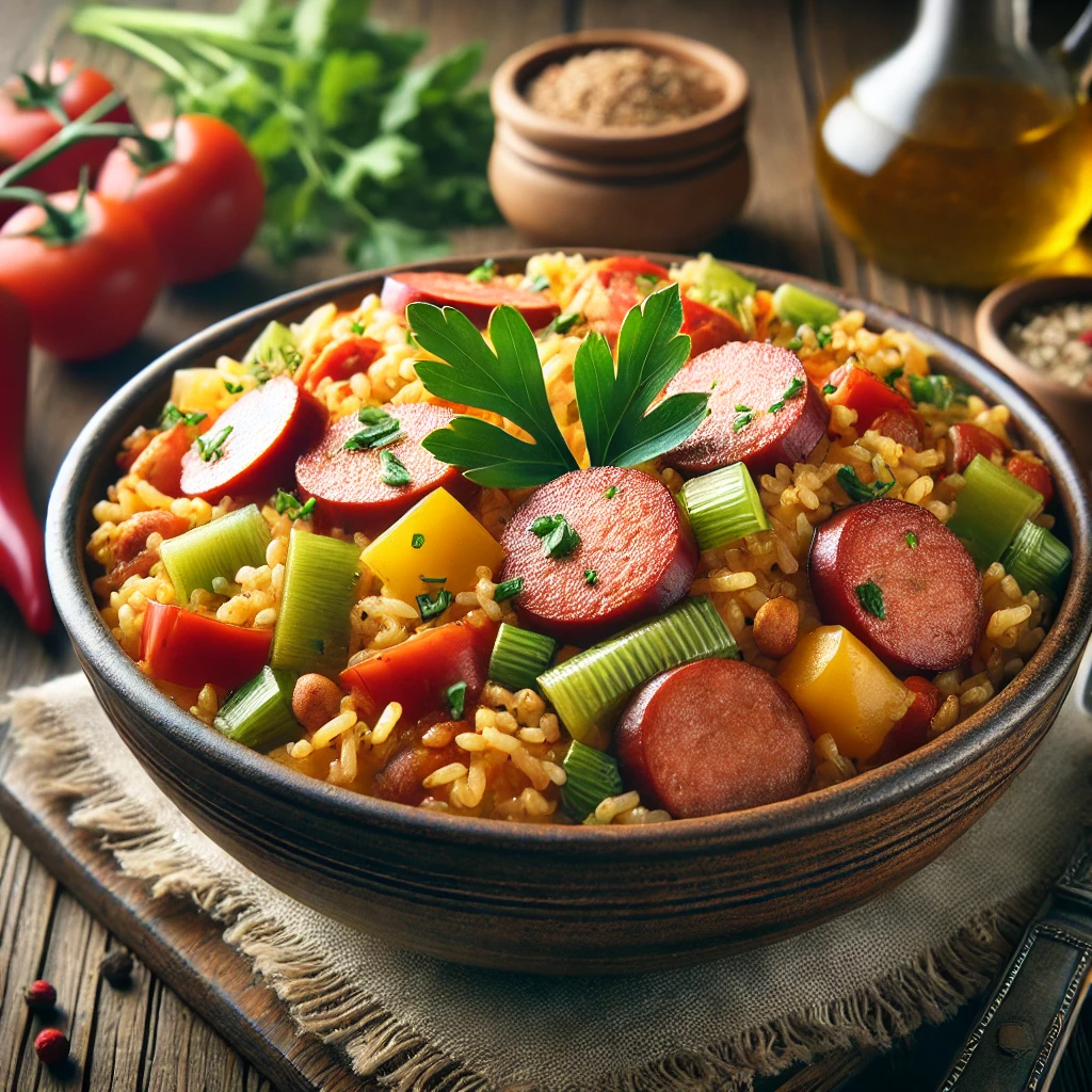 Hearty Cajun-style jambalaya with smoked sausage and rice