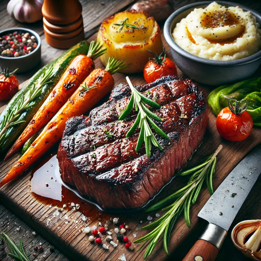 Lágy füstös ízű szarvas steak rozmaringos díszítéssel