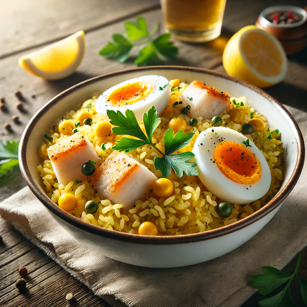 Füstölt tőkehal kedgeree curryvel és főtt tojással