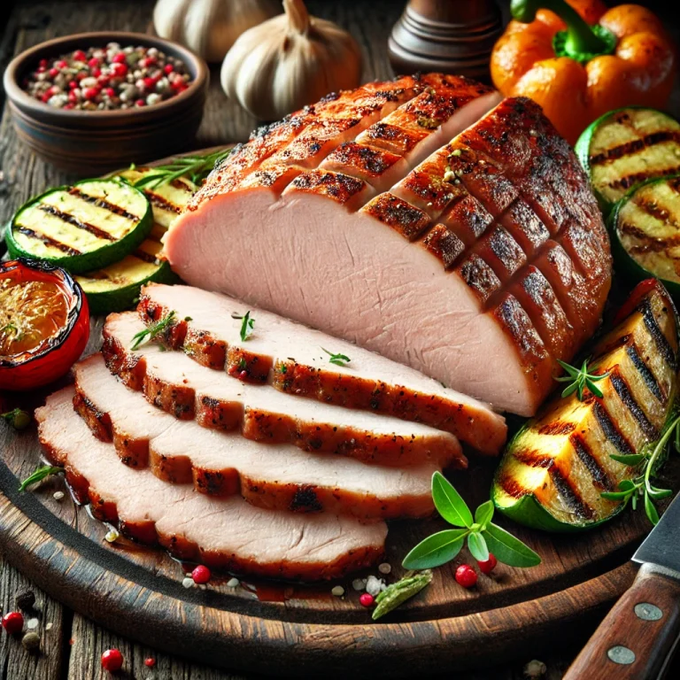 Smoked wild turkey breast served with grilled vegetables.