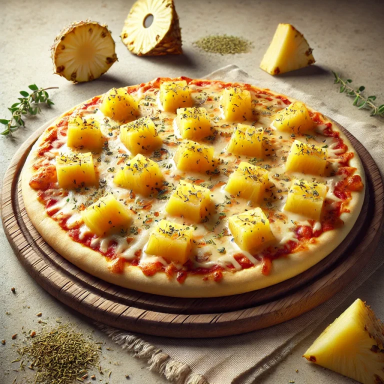 Sonka nélküli Hawaii pizza ananásszal tálalva