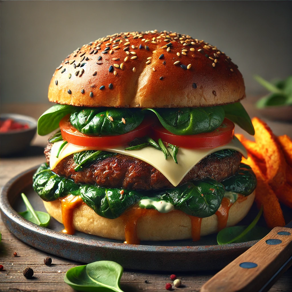 Egészséges és különleges spenótos-kecskesajtos hamburger
