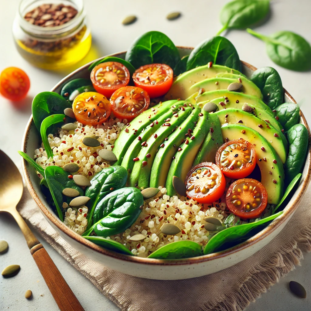 Tápláló quinoa tál spenóttal, avokádóval és pirított tökmaggal