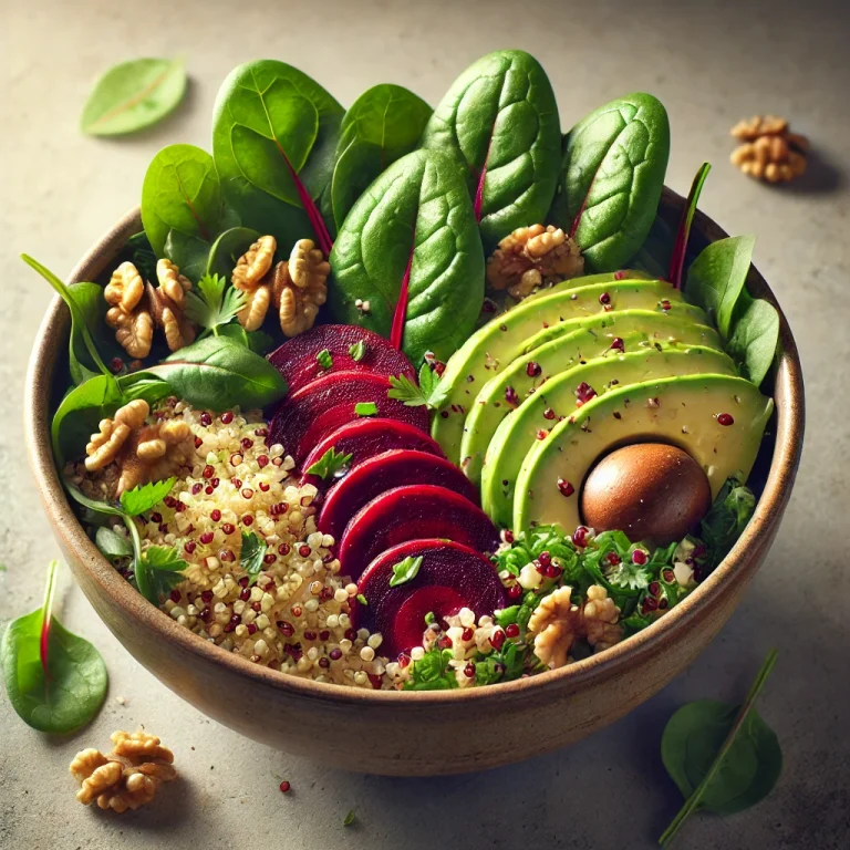 Spenótos quinoa Buddha-tál céklával