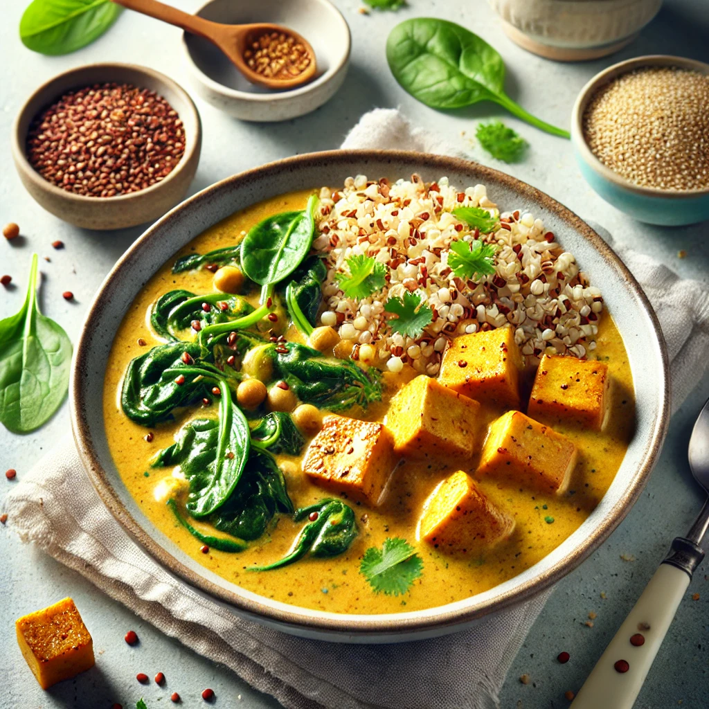 Tápláló curry tofuval, quinoával és spenóttal