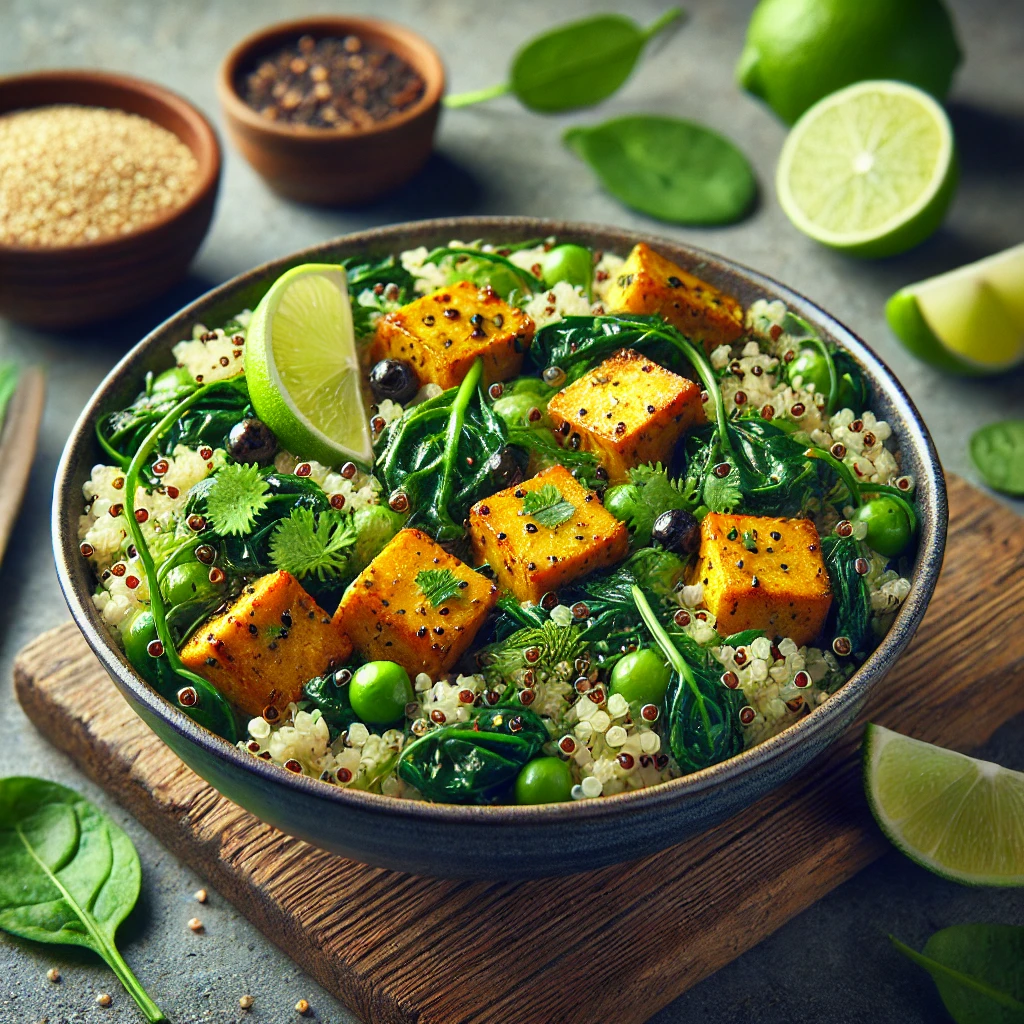 Egészséges quinoa curry spenóttal és lime ízesítéssel