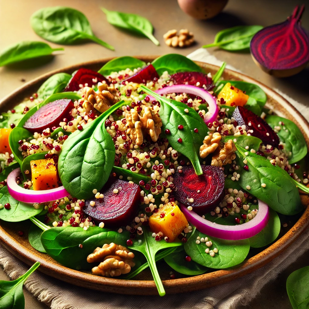 Egészséges és ízletes quinoa saláta spenóttal, céklával és dióval