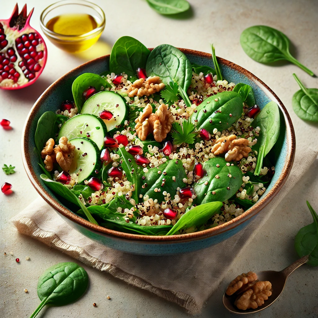 Tápláló quinoa saláta friss spenóttal és gránátalmával