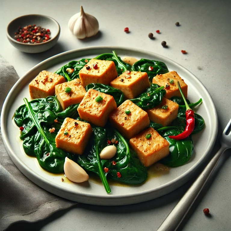 Spenótos tofu falatok tálalva