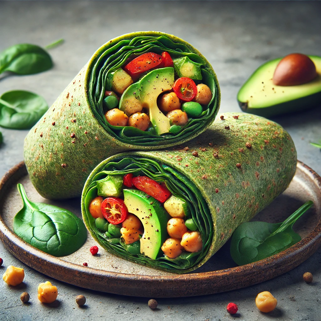 Egészséges és friss vegán wrap csicseriborsóval és spenóttal