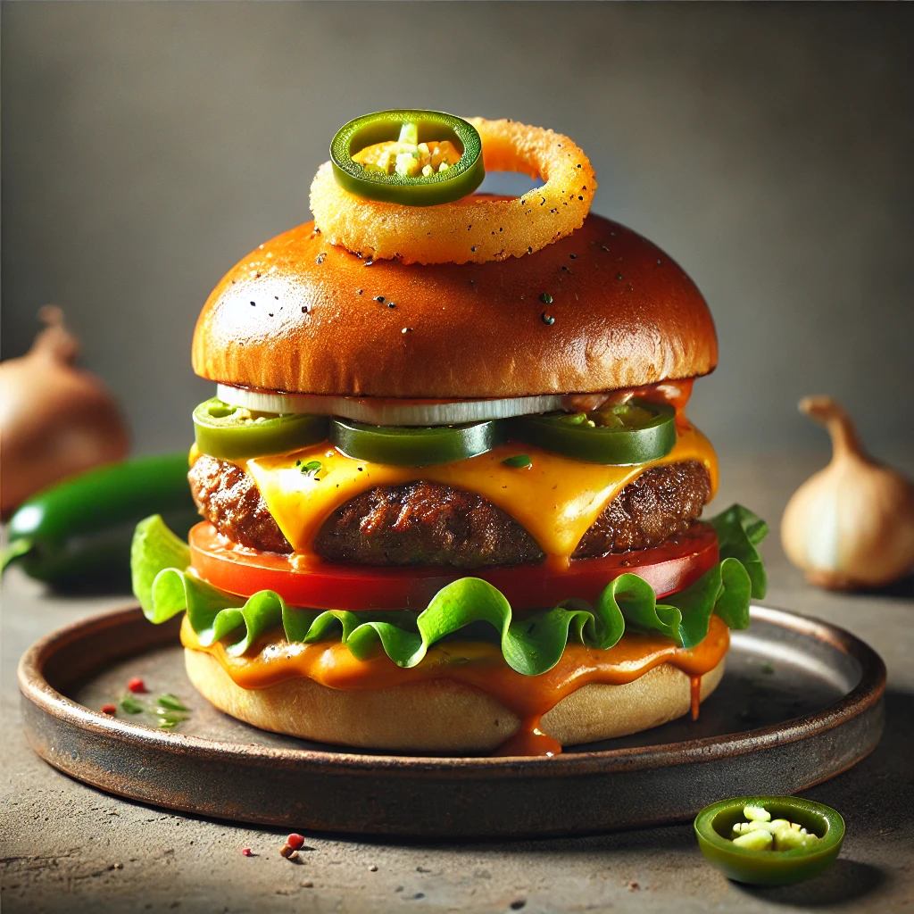 Ízletes házi Spicy Jalapeño Burger csípős szósszal és jalapeño paprikával