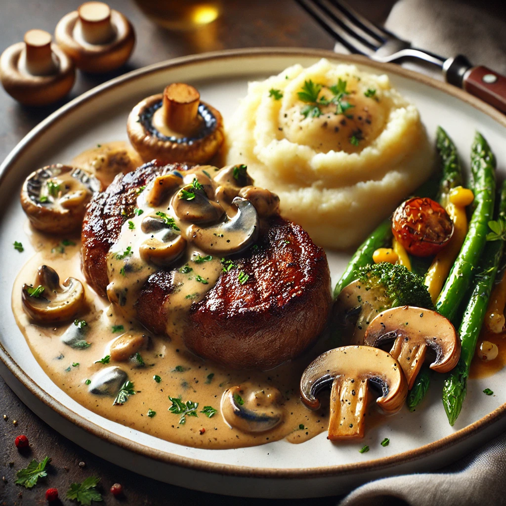 Omlós steak gombaszósszal és körettel