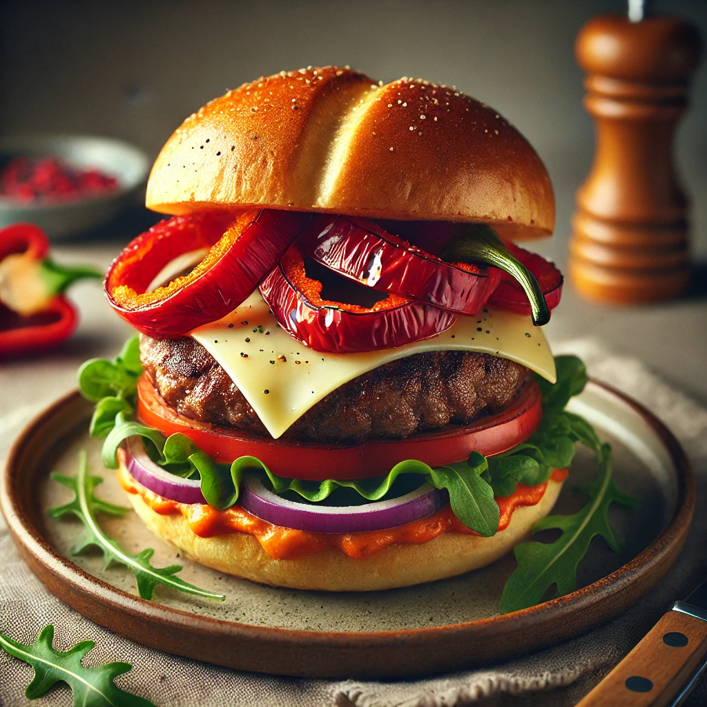 KÃ¼lÃ¶nleges burger sÃ¼lt paprikÃ¡val Ã©s gouda sajttal