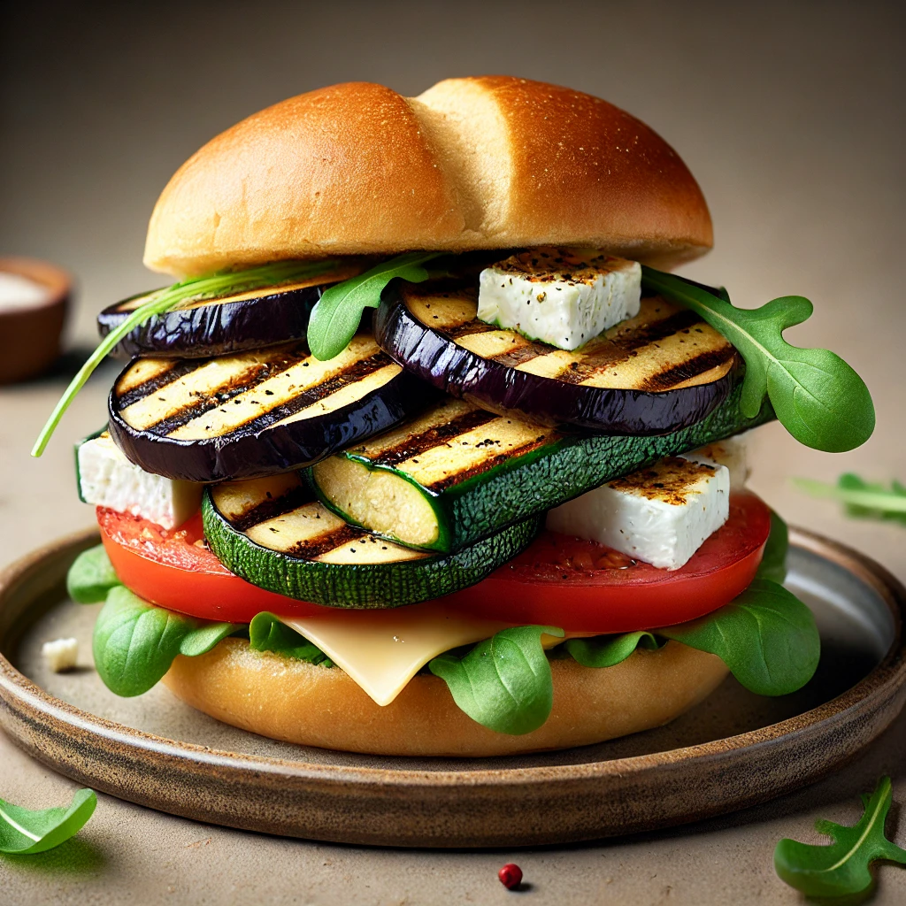 Vegetáriánus burger grillezett zöldségekkel és feta sajttal