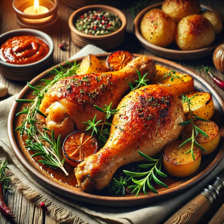 Sült csirkecomb aranybarnára sütve, ropogós bőrrel és friss zöldfűszerekkel díszítve