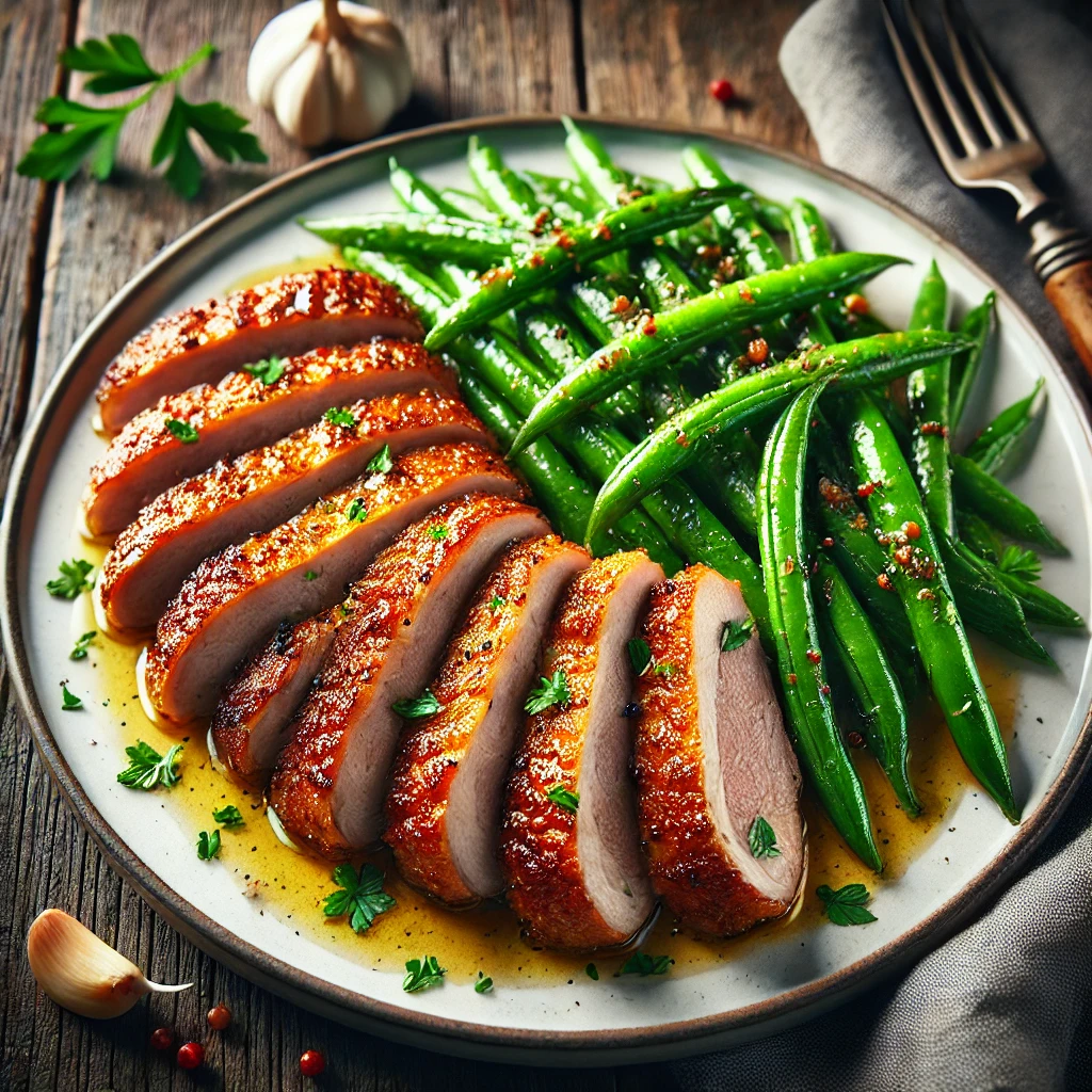 Egyszerű és elegáns sült kacsamell vajas zöldbabkörettel