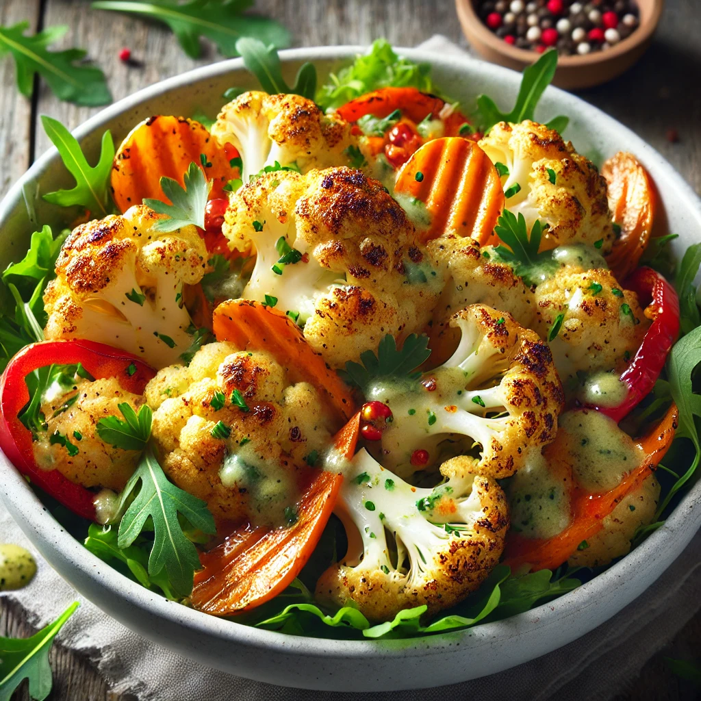 Tápláló karfiol saláta rukkolával és tahini öntettel