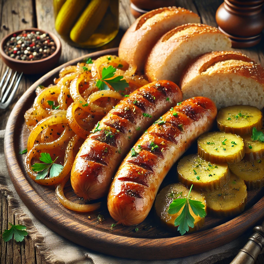Egyszerű magyaros étel sült kolbásszal és kovászos uborkával