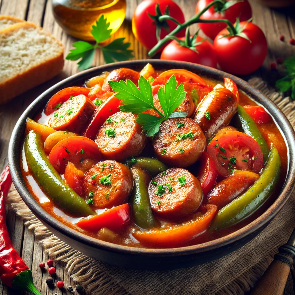 Klasszikus magyaros étel kolbásszal és lecsóval
