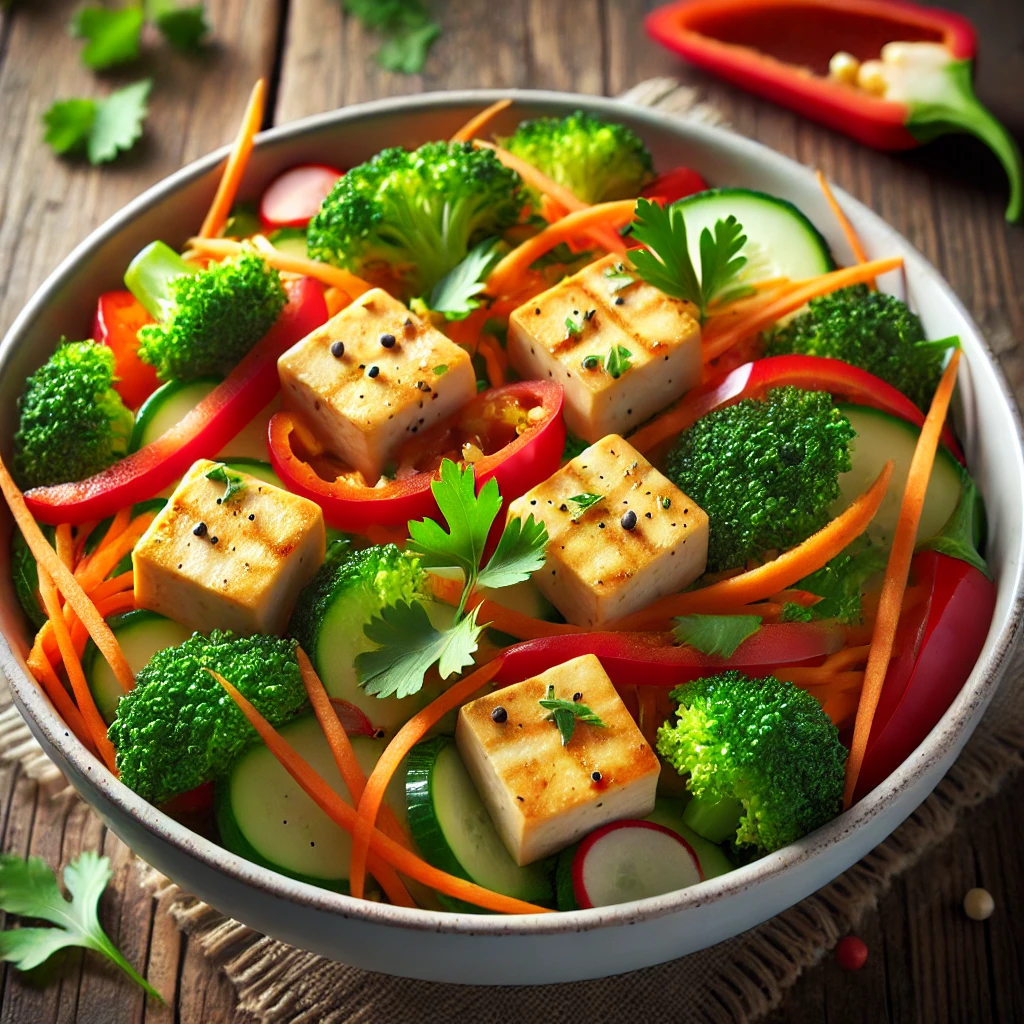 Tápláló tofu ropogós brokkolival és friss zöldségekkel