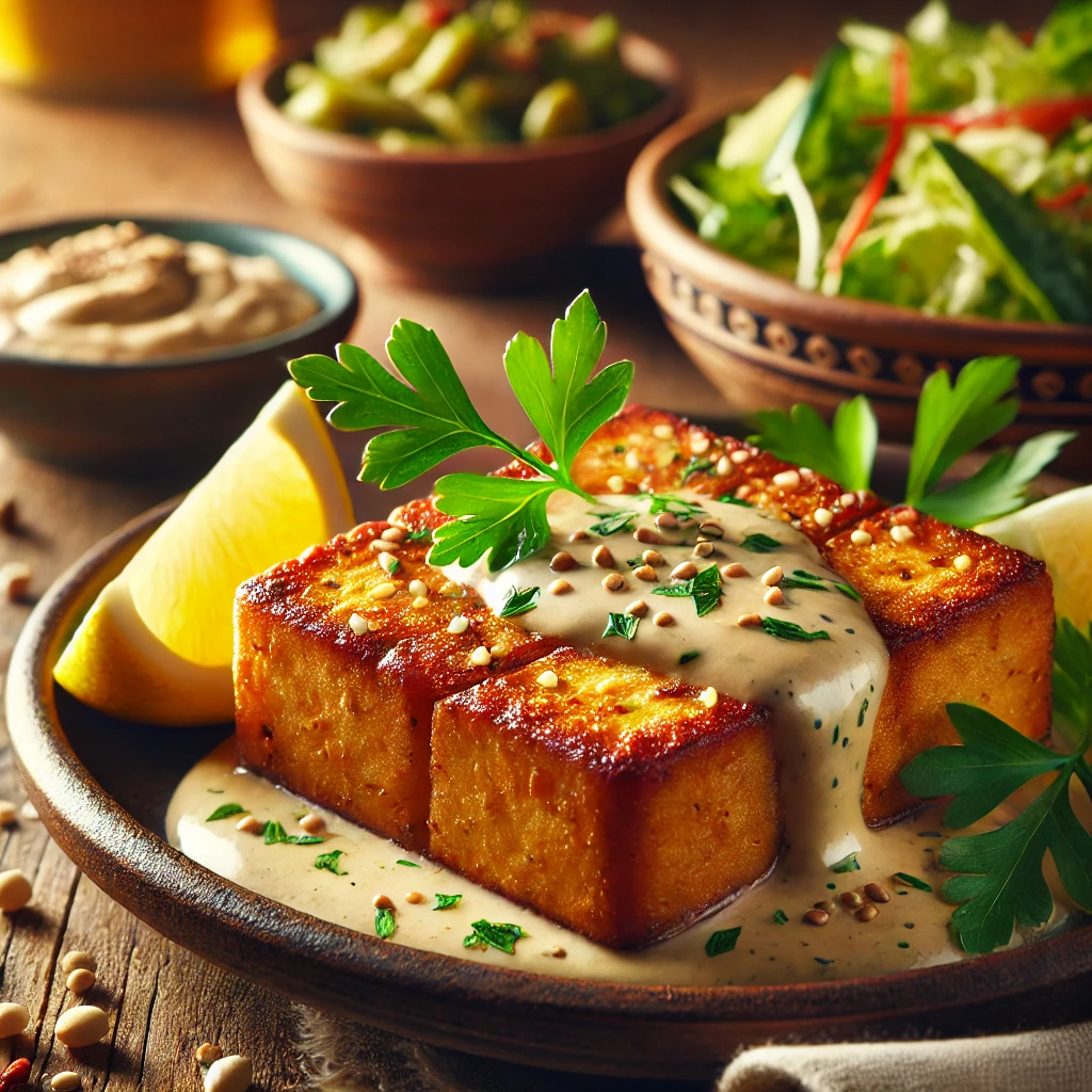 Egészséges és ízletes sült tofu citromos tahini öntettel