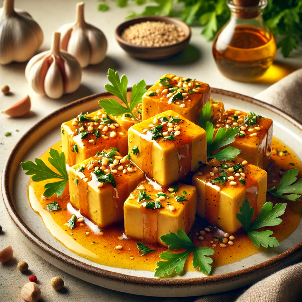 Tápláló tofu fokhagymás mártással, szezámmaggal és friss petrezselyemmel