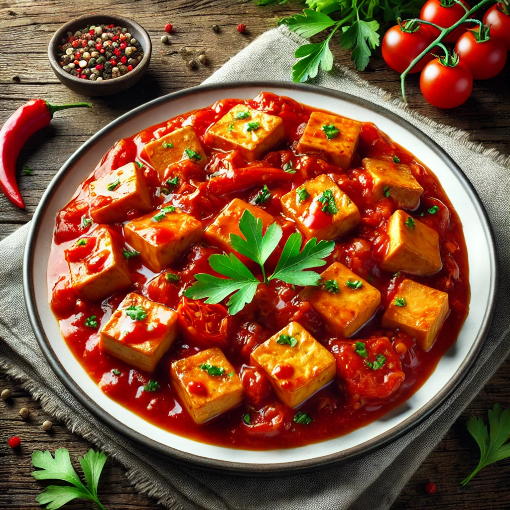 Laktató tofu paradicsommártásban, friss fűszerekkel