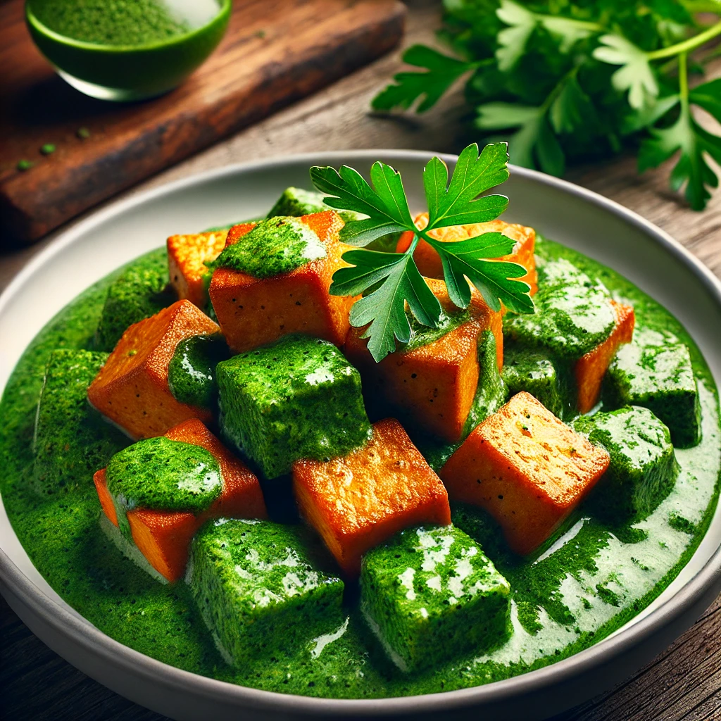 Ízletes és laktató tofu spenótos mártásban, friss fűszerekkel