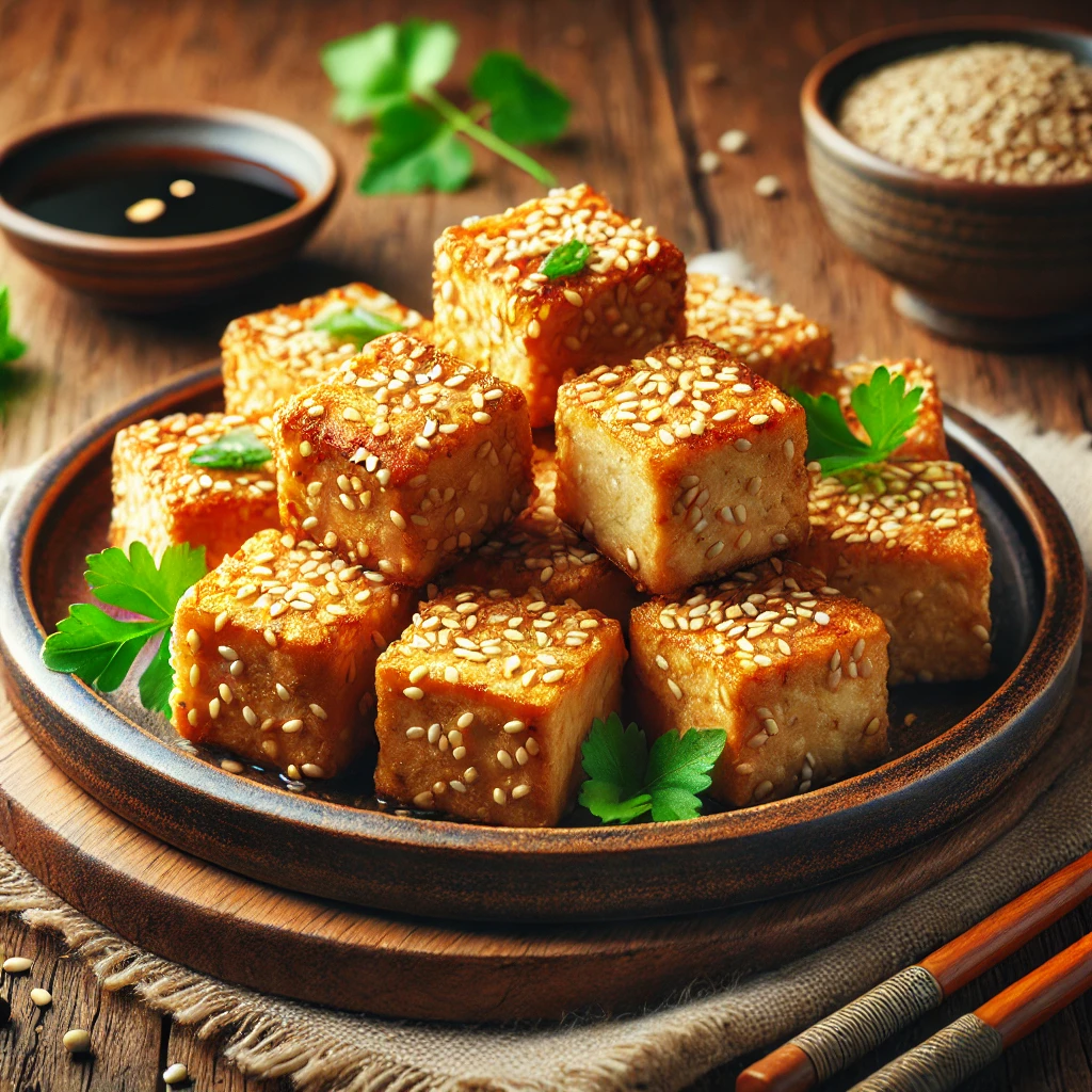 Egyszerű és ízletes vegán tofu recept szezámmagos kéreggel.