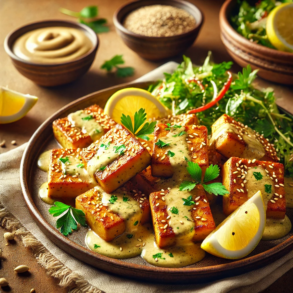 Egészséges és ízletes sült tofu tahini citromos öntettel