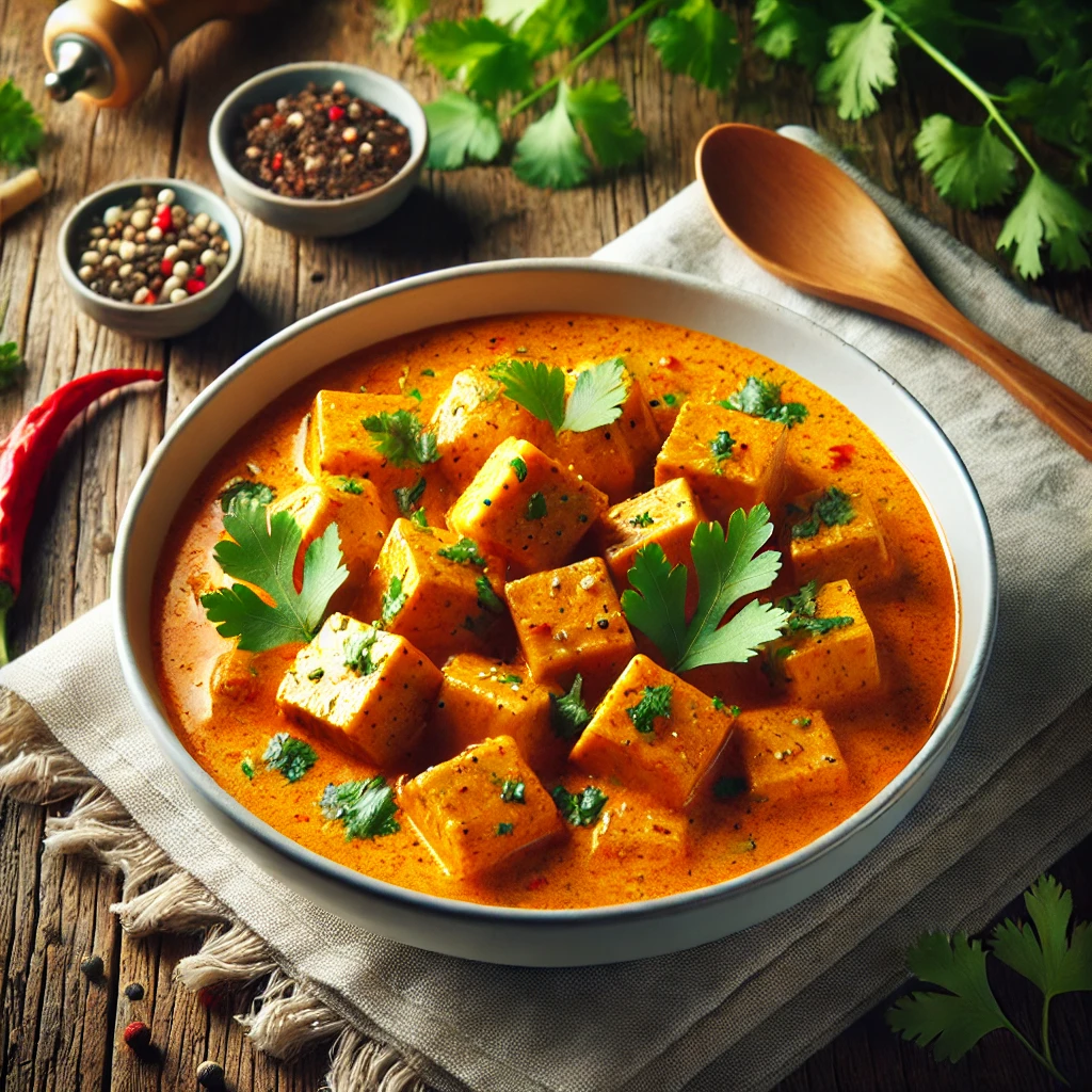 Tápláló tofu thai vörös curry szószban kókusztejjel és korianderrel