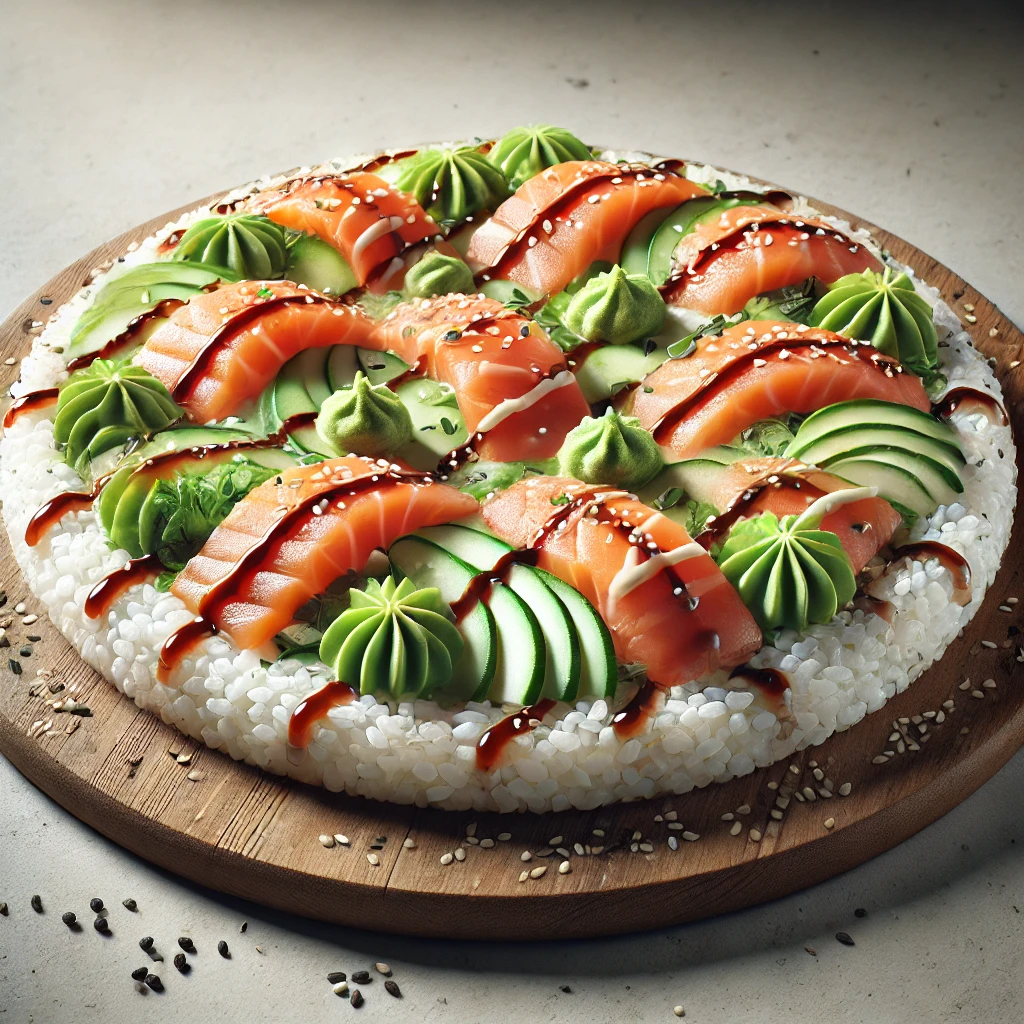 Japán stílusú sushi pizza rizsalappal és friss halakkal