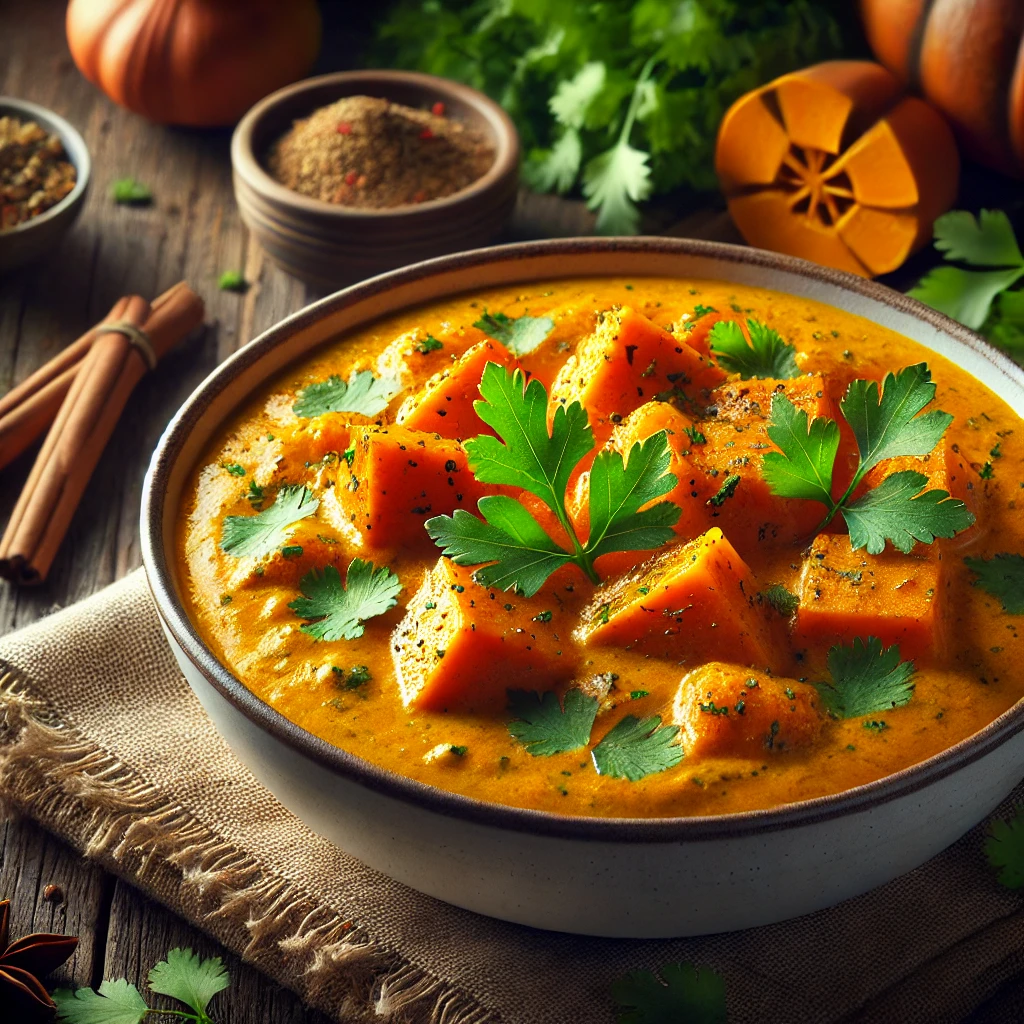 Egészséges és ízletes curry sütőtökkel és édesburgonyával