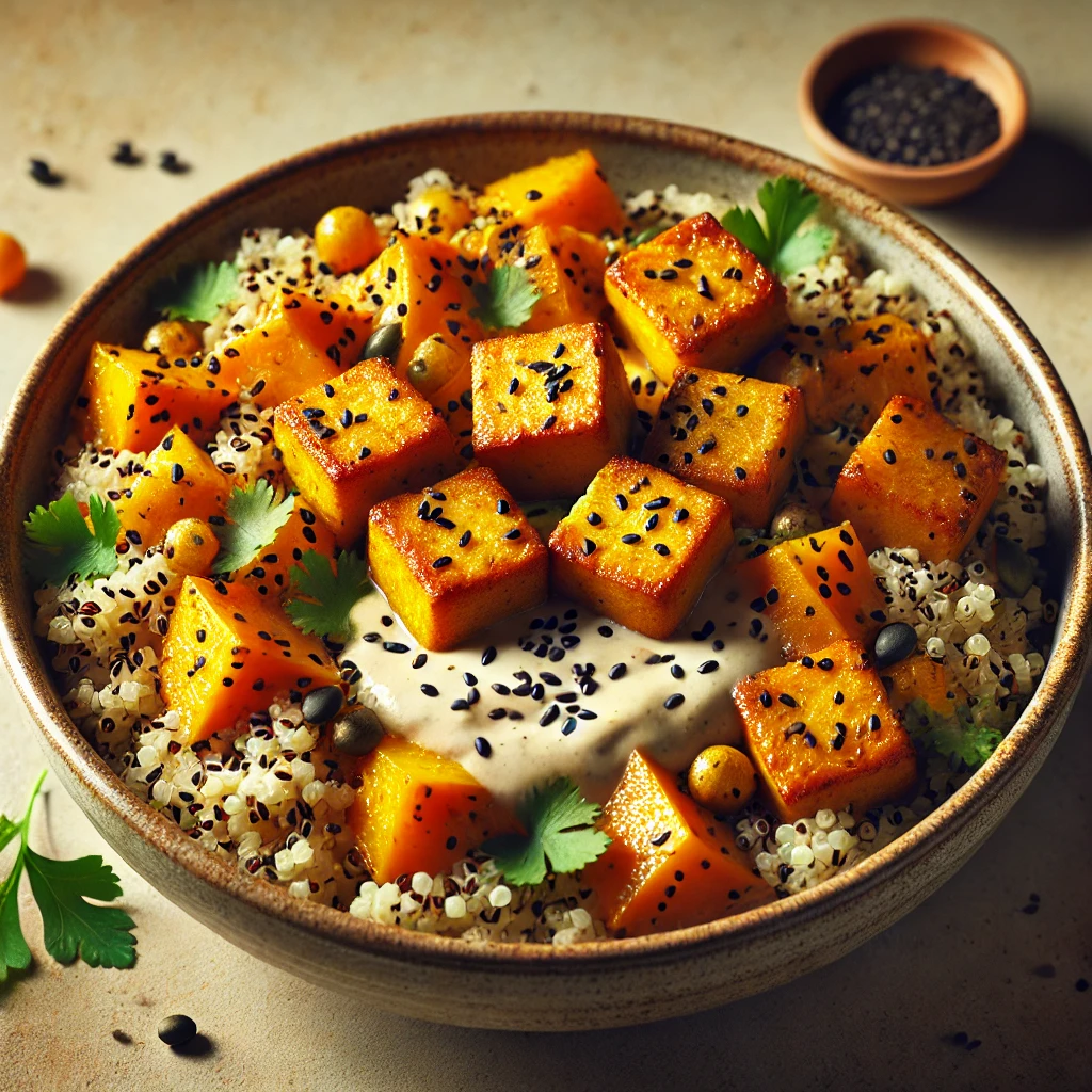Ízletes és tápláló vegán quinoa wok tofuval, tahinivel és sütőtökkel