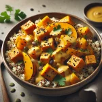 Sütőtök wok currys quinoa tofuval tahinivel tálalva