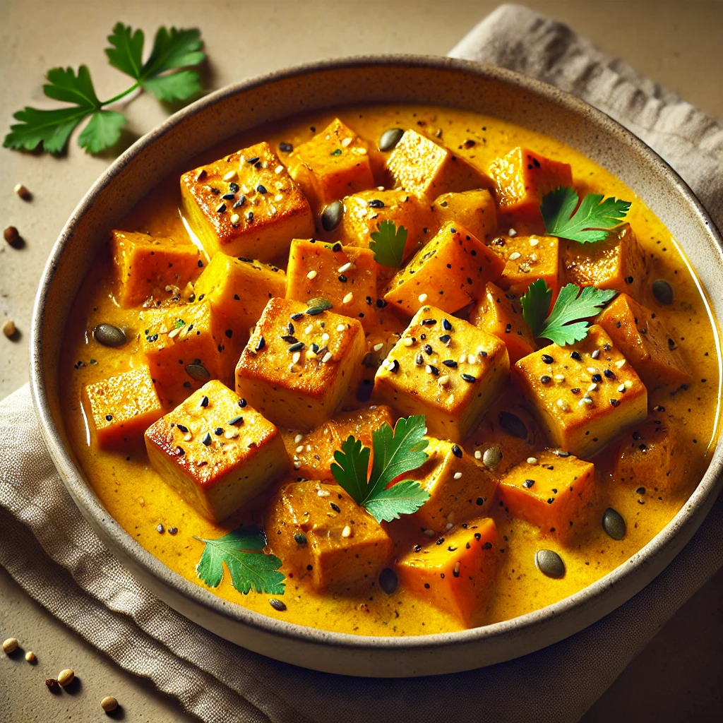 Tápláló wok fogás sütőtökkel és tofuval kókusztejes curryben